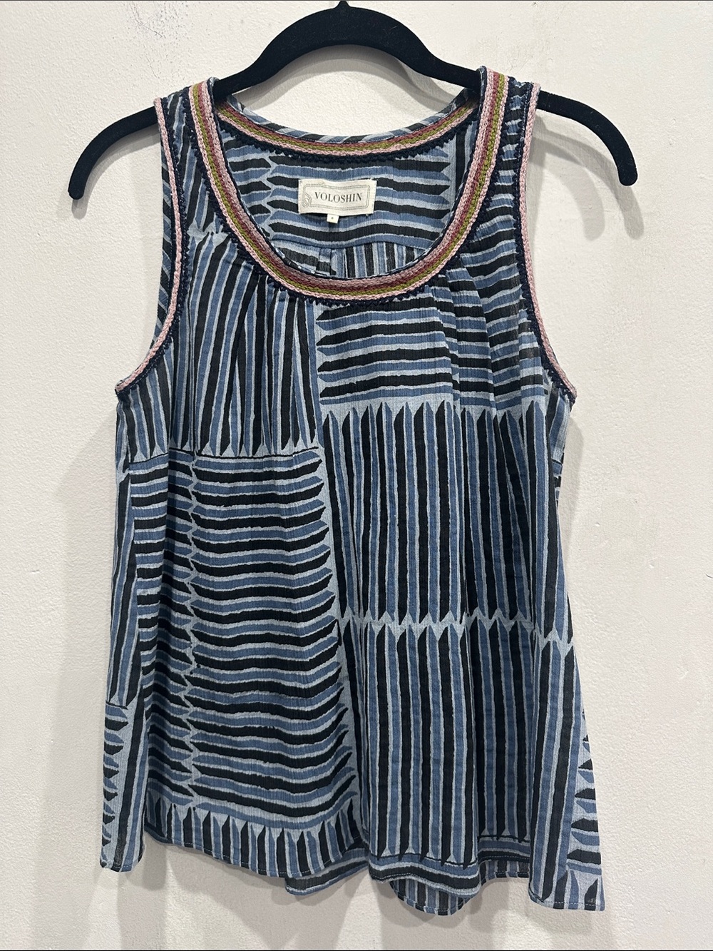 Voloshin stripe tank sleeveless blouse size small embroidered boho cotton